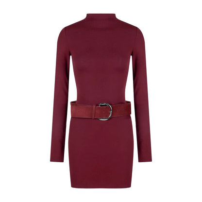 Red Wine Halter Collar Long Sleeve Dress with Belt