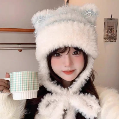 Fuzzy Knitted Ribbon Kitty Hat