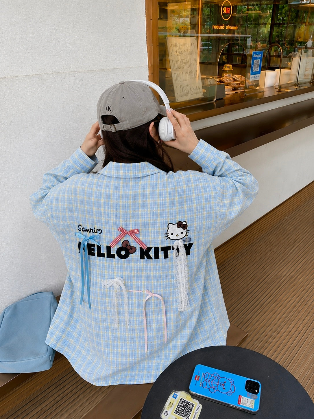 Kittie Ribbon Ginham Long Sleeve Shirt (Blue, Pink)