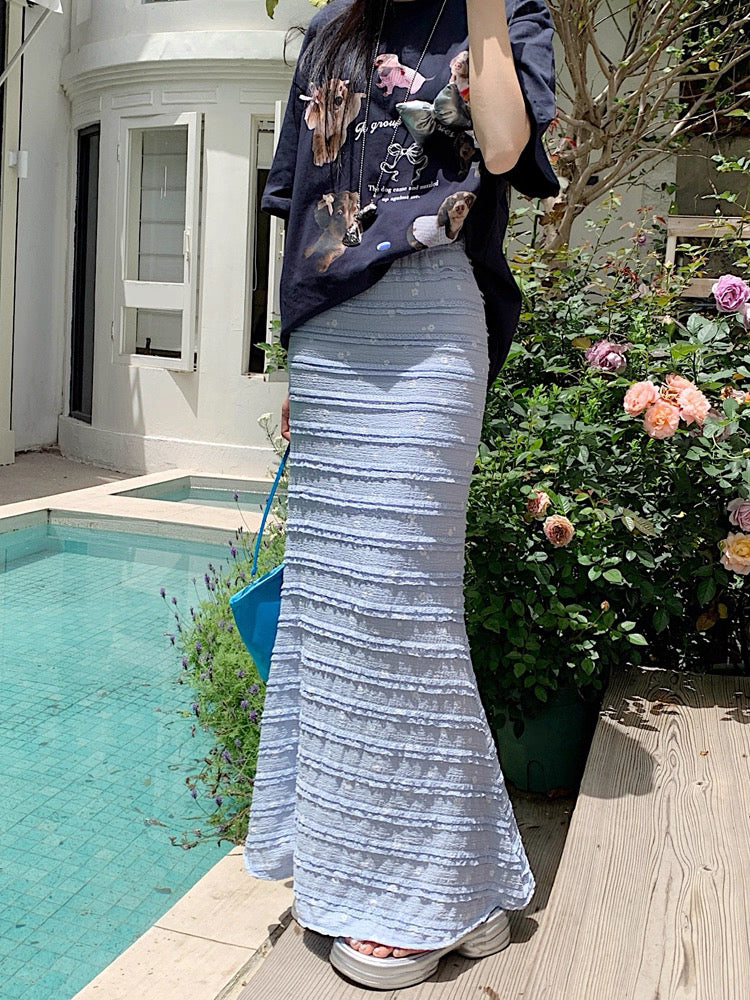 White Mini Flower Long Skirt (Blue, Yellow)
