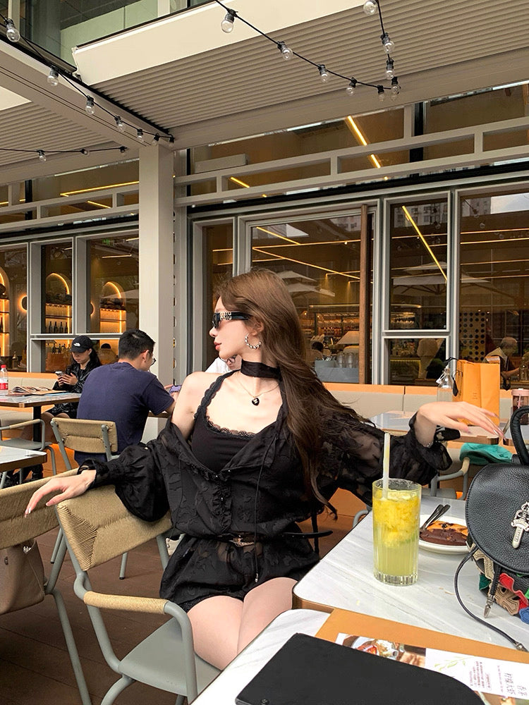 V Collar Lantern Sleeve Thin Top (Black, Red)