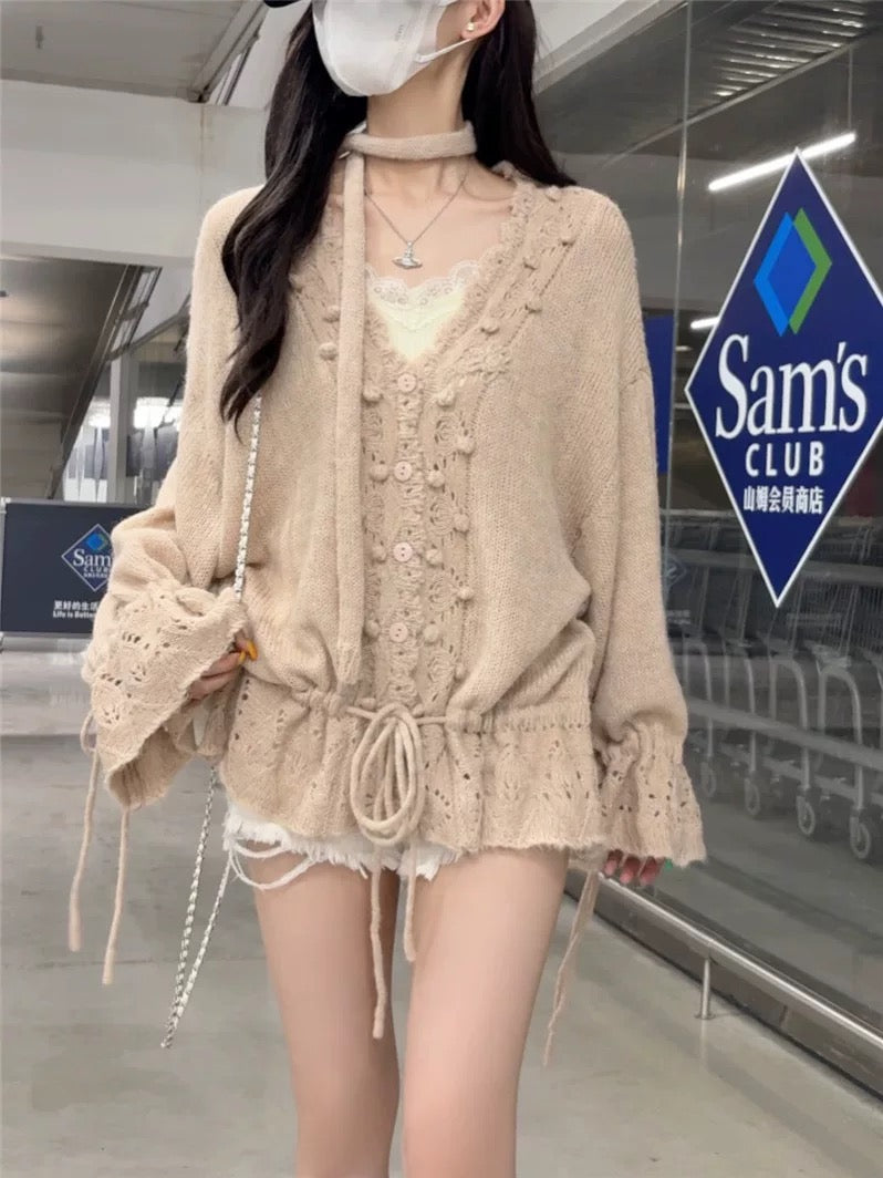 Lantern Sleeve Knitted Cardigan Top