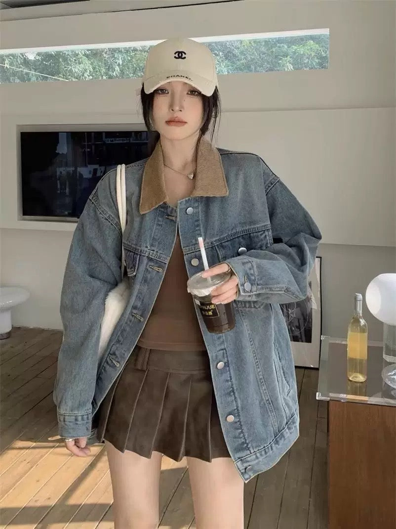 Denim Mix Brown Collar Jacket