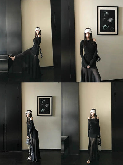 Off Shoulder Mix Mesh Long Sleeve Long Dress