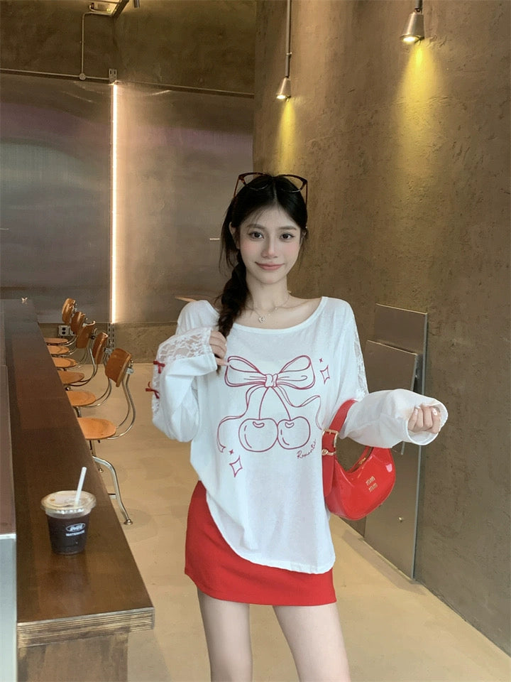Red Ribbon White Long Sleeve Top