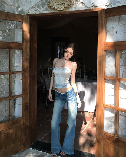 Blue Flo Silk Cream Tube Top