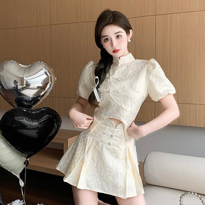 Beige Cheongsam Top + Skirt Two Piece Set (L)