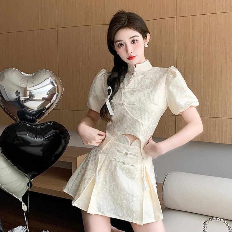 Beige Cheongsam Top + Skirt Two Piece Set (S, M, L)