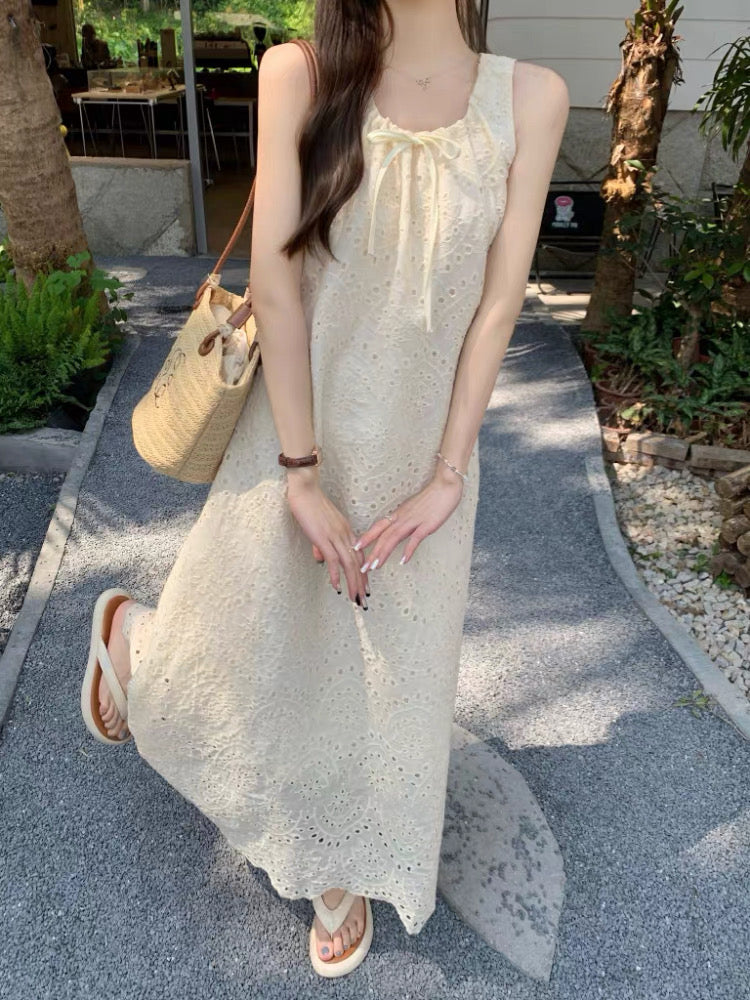 U Collar Embroidery Long Dress (Beige, White)
