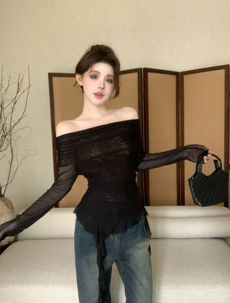 Off Shoulder Long Sleeve Brown Mesh Top