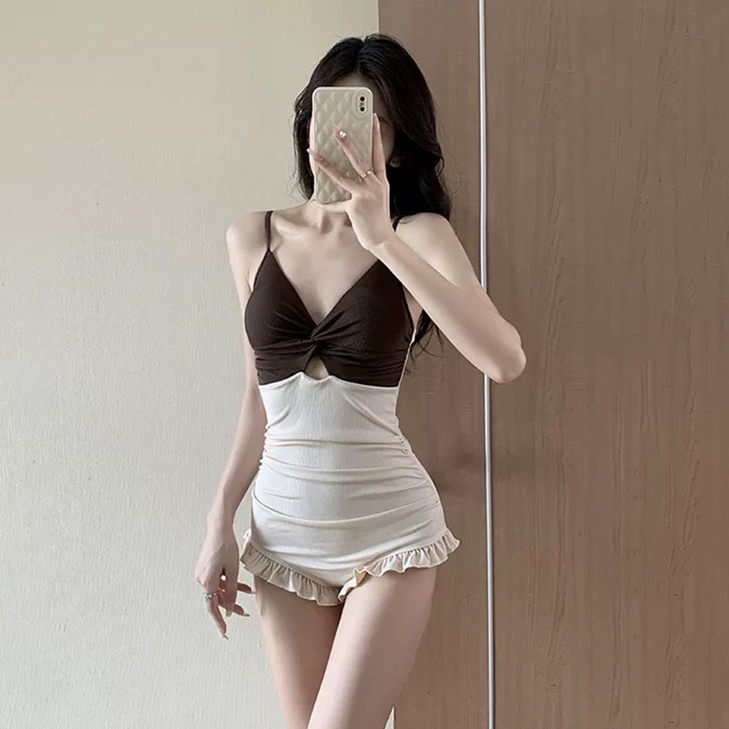Brown Beige Swimsuits Two Piece Set