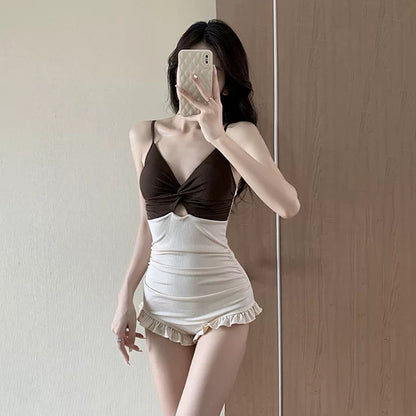 Brown Beige Swimsuits Two Piece Set