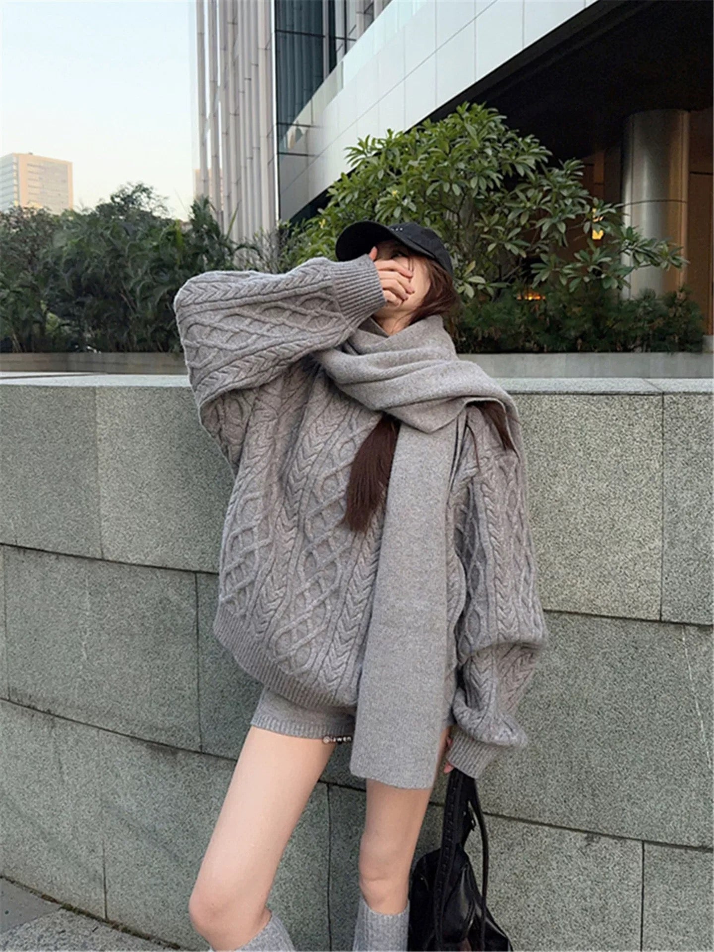 Grey Knitted Top + Shorts + Scarf Three Piece Set