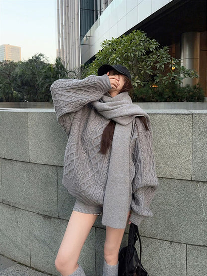Grey Knitted Top + Shorts + Scarf Three Piece Set