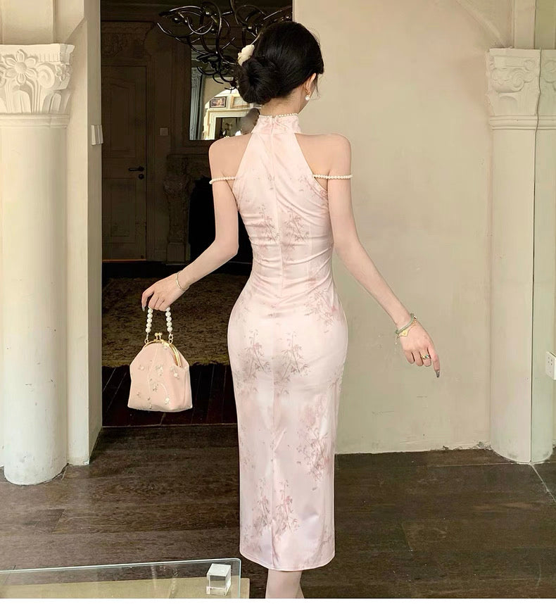 Pearl Strap Pink Cheongsam CD002 Long Dress (S)