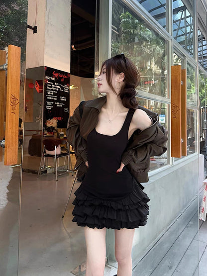 Sleeveless Cakey Bottom Dress (White, Black) S