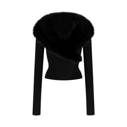 Furry Collar Knitted Long Sleeve Top (Black, White)