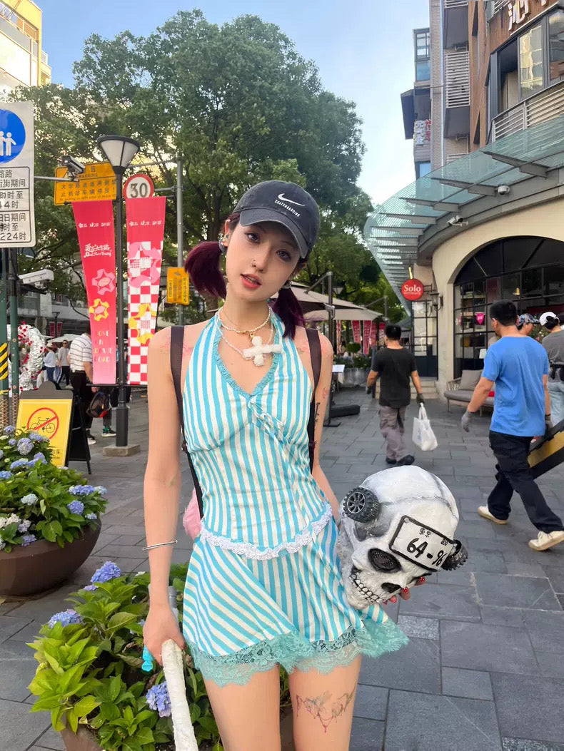 Round Collar Mint Stripe Mini Dress 限量