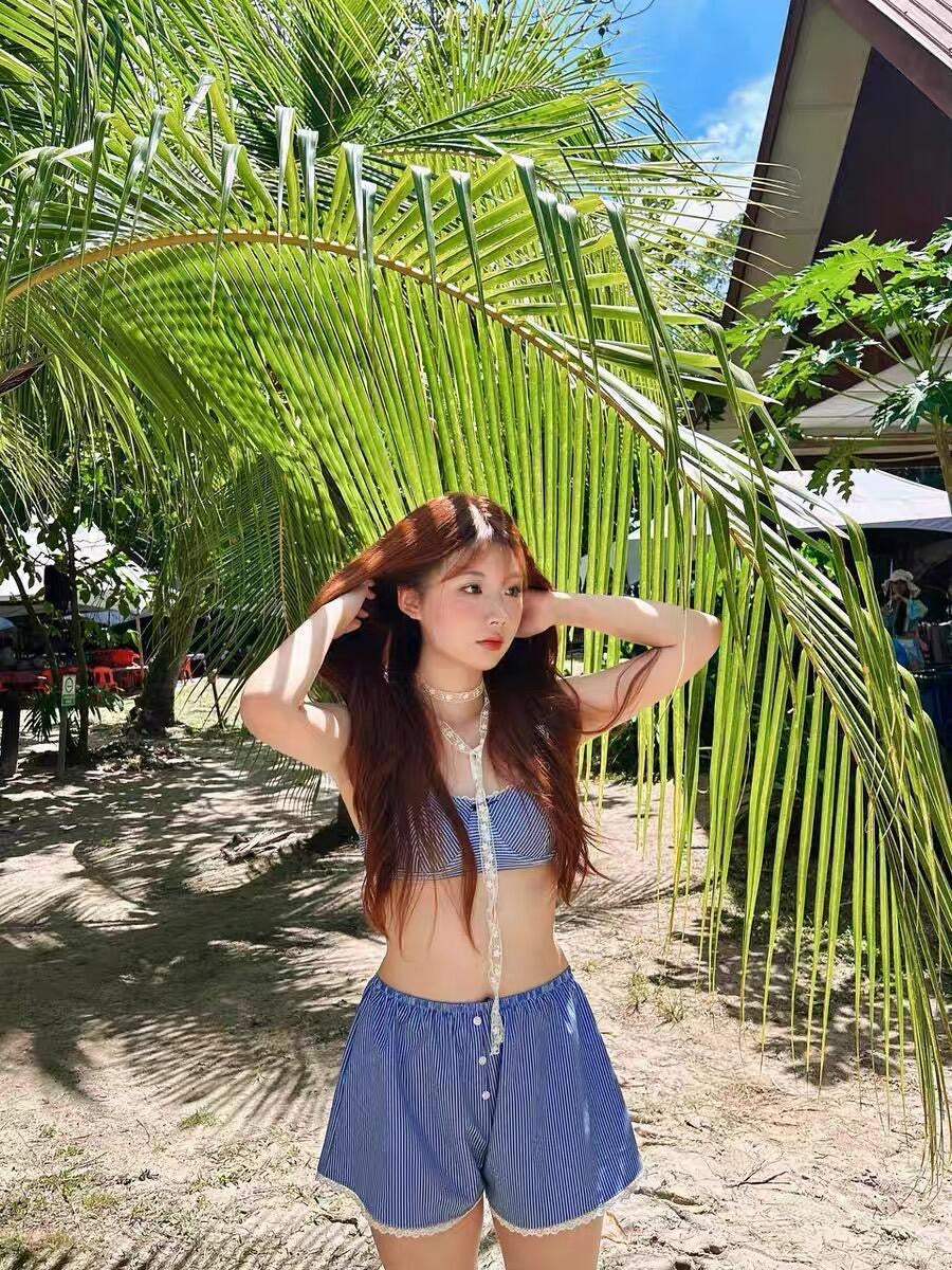Blue Stripe Bikini + Shorts Two Pieces Set