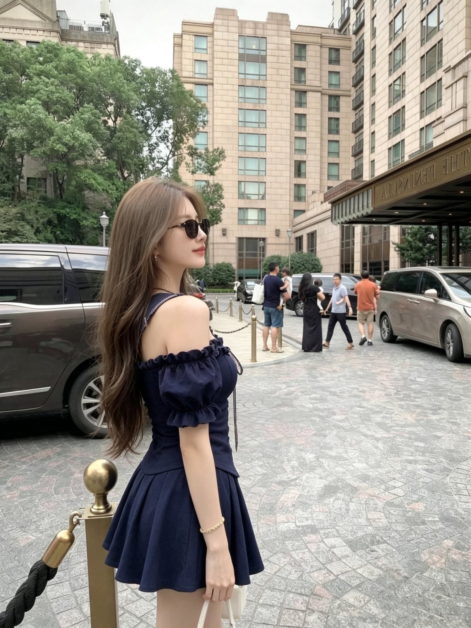 Off Shoulder Top + Blue Skort Two Piece Set (Navy, Khaki)