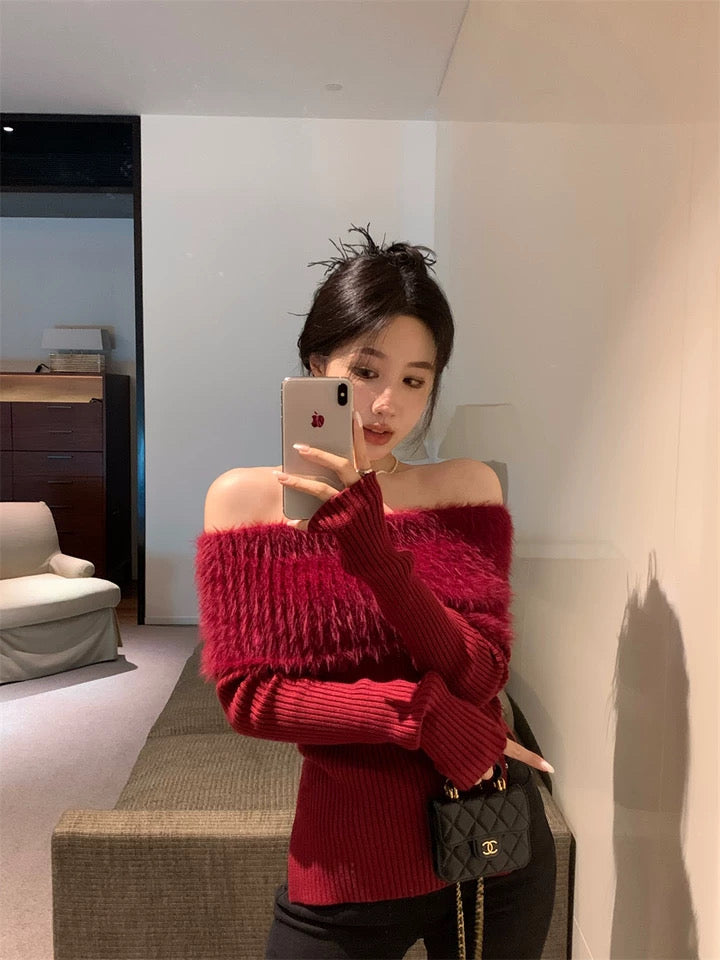 Off Shoulder Long Sleeve Knitted Top (Wine Red)