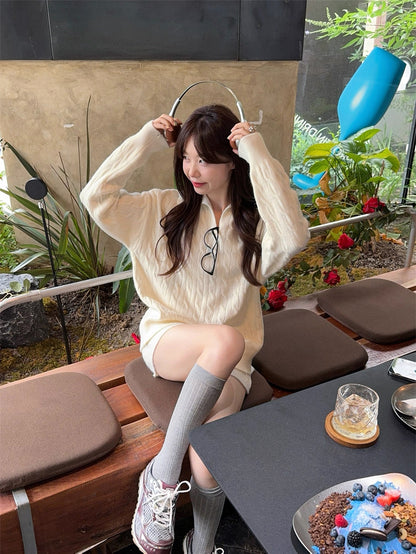 Cream Knitted Top + Shorts Two Piece Set