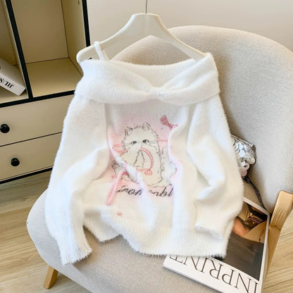 Off Shoulder White Pink Kitty Knitted Top
