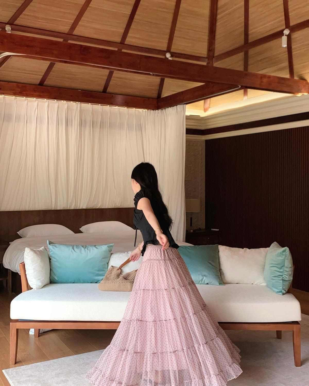 Black Top + Pink Polka Dot Mesh Skirt Two Piece Set