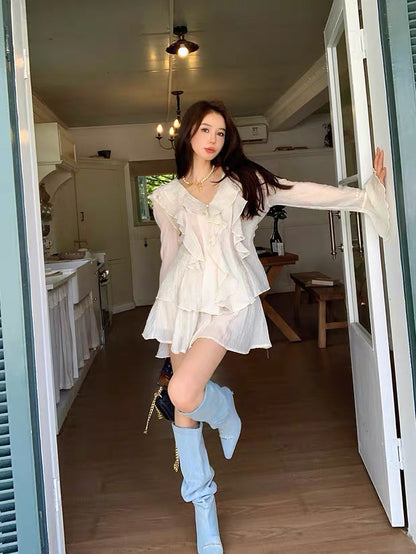 Beige Top + Skirt Two Piece Set