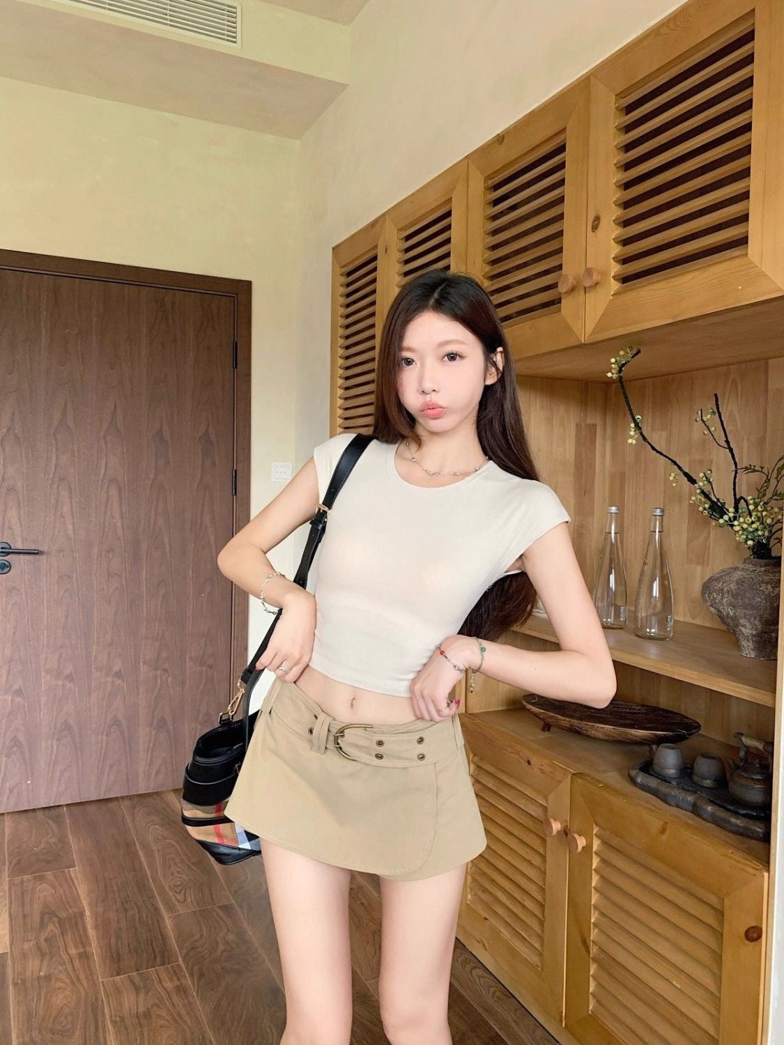 Khaki Low Waist Mini Skort Shorts SK39