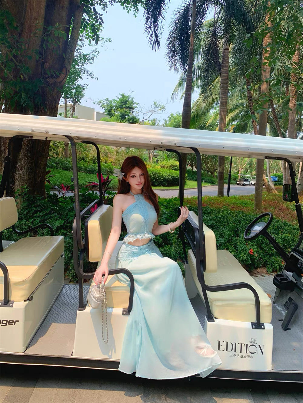 Embroidery Chiffon Two Piece Set (Blue, Beige)