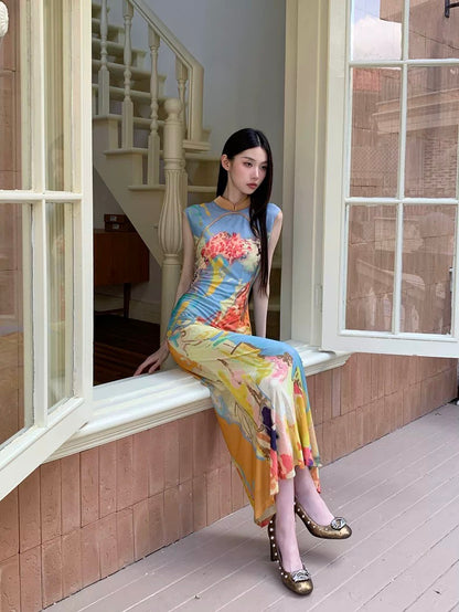 Orange Mix Blue Two Wear Cheongsam CD035 Long Dress (S, M)