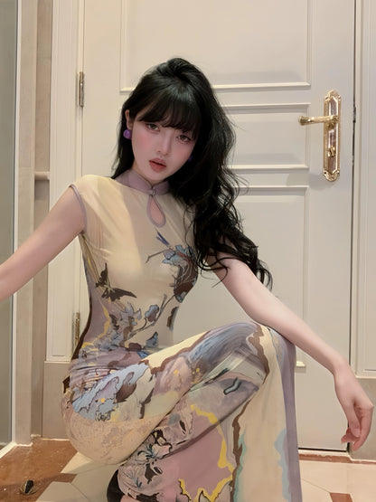 Purple Mix Yellow Two Wear Cheongsam CD035 Long Dress (S, M)