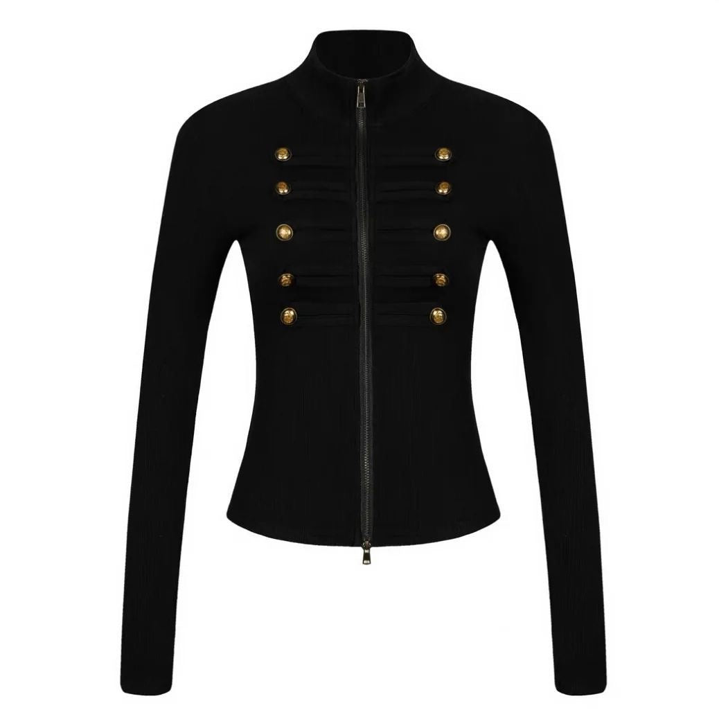 Button Long Sleeve Slim Fit Jacket (Black, Khaki)