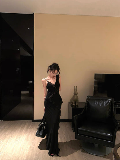 Side Flare Strap Mix Lace Long Dress (Yellow, Black)