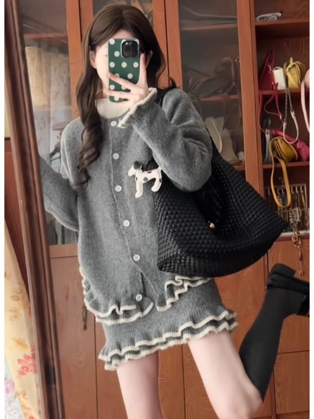Grey Knitted Top + Skirt Two Piece Set