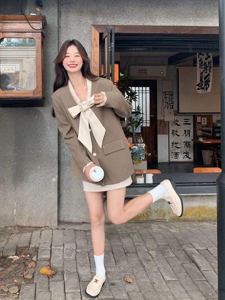 Khaki Ribbon Collar Blazer