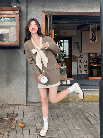 Khaki Ribbon Collar Blazer