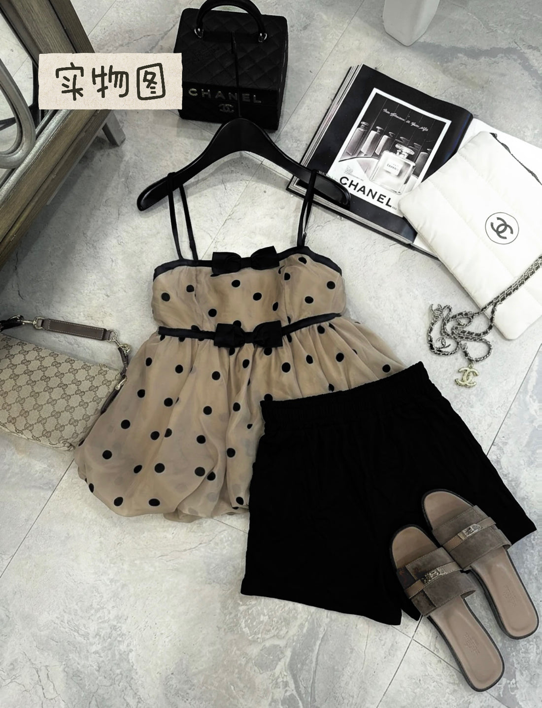 Polka Dot Strap Coffee Tube Top + Inner Shorts