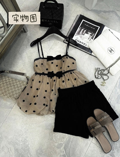 Polka Dot Strap Coffee Tube Top + Inner Shorts