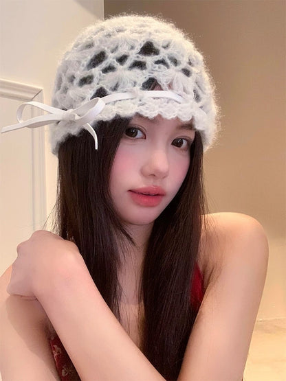 White Ribbon Knitted Embroidery Hat