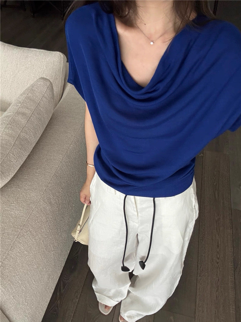 Off Shoulder Collar Top (Beige, Blue)