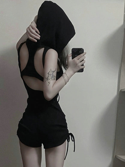 Sleevless Hat Romper (Black,Grey)