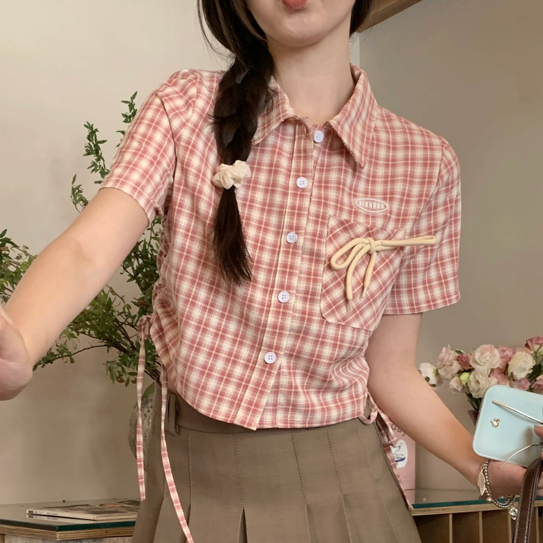 Ribbon Pocket Pink Shirt Top