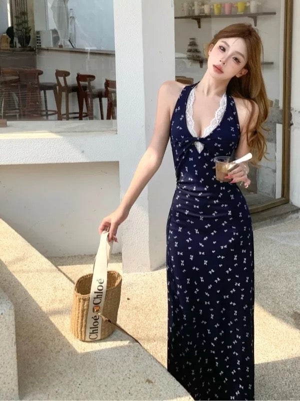 Round Collar Navy Long Dress (S)