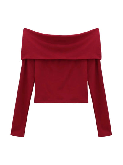 Off Shoulder Wine Red Long Sleeve Top