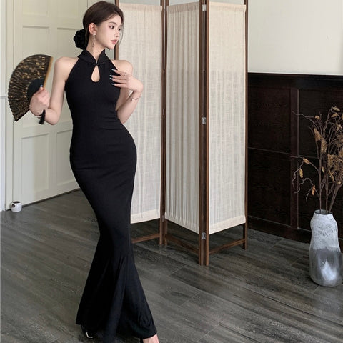 Black Halter Collar Cheongsam Long Dress