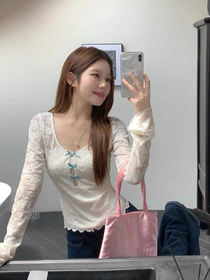 Blue Bows Lace Beige Long Sleeve Top