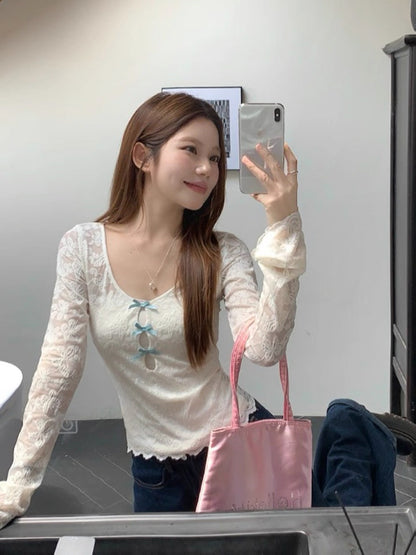 Blue Bows Lace Beige Long Sleeve Top