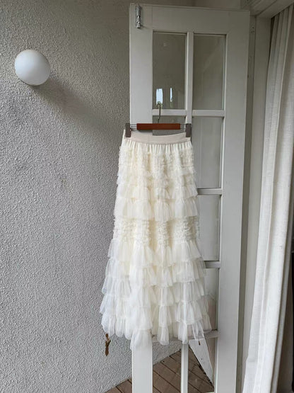 Creamy Layered Mesh Long Skirt